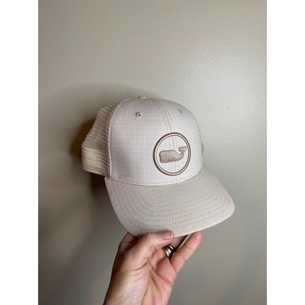 Vineyard Vines Mens Tan Ripstop Trucker Hat Mesh Snapback Whale Logo Patch Cap